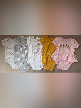 5 Carter’s 18m Bodysuits Short Sleeve Baby Girl Happy Mermaid Butterfly Polkadot